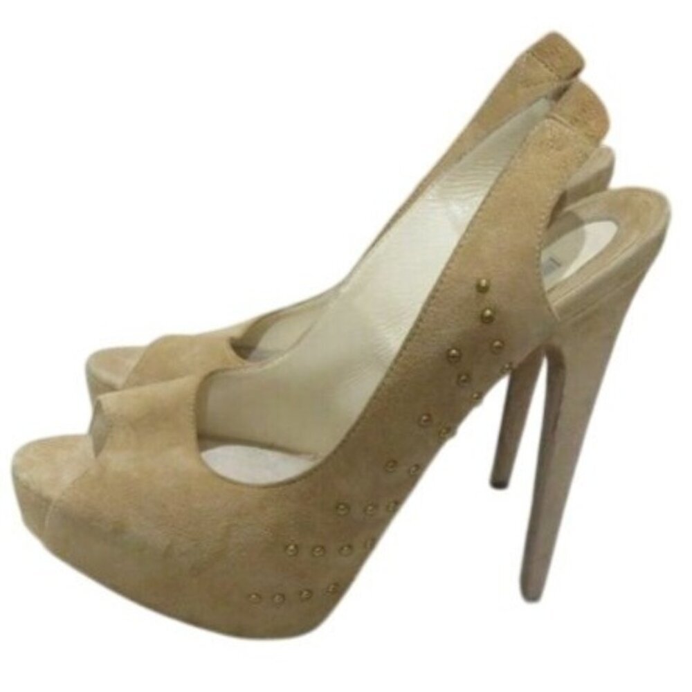 BRIAN ATWOOD Taupe Tan Suede Leather Studded Platform Slingback Peep Toe Pumps